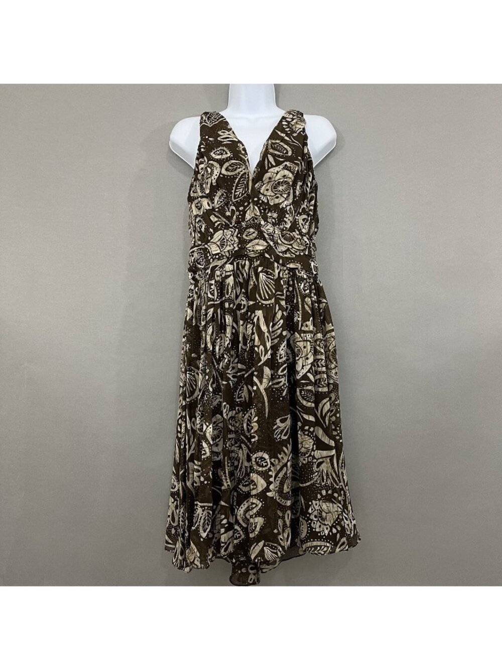 Spiegel Brown Floral Silk V Neck Sleeveless Fit & Flare Dress